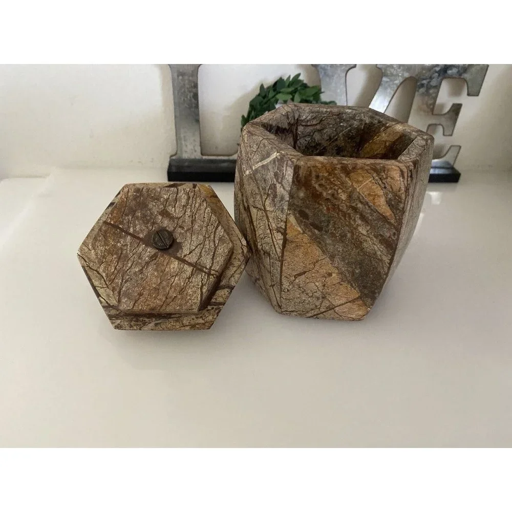 Hexagonal Stone Canister Lidded Container Trinket Box Port To Port Vintage Brown